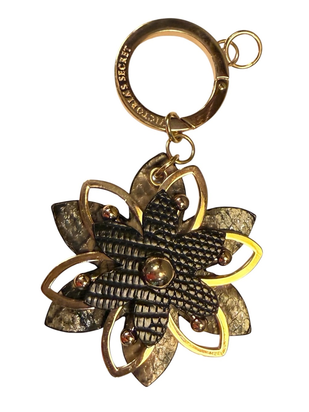 Victoria's Secret Gold and Black Grey Leather Floral Keychain Card Holder Charm